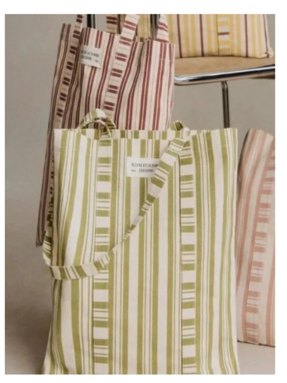 Sezane Octobre Editions Striped Canvas Tote in Green and Cream NWOT